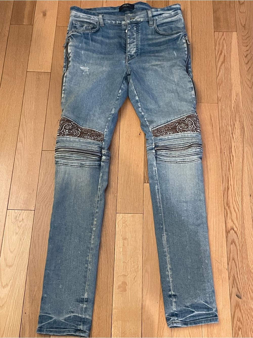 AMIRI Light Blue Skinny Jeans with Biker Panel Embellishments